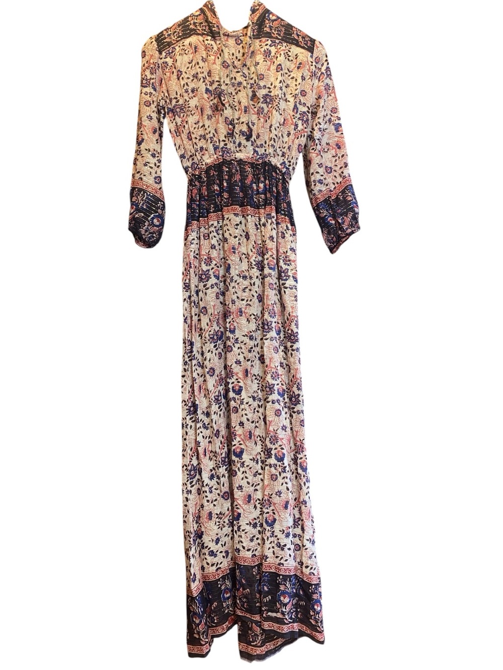 Vintage 70’s maxi Adini Sultana cotton gauze tall gold metallic navy Festival